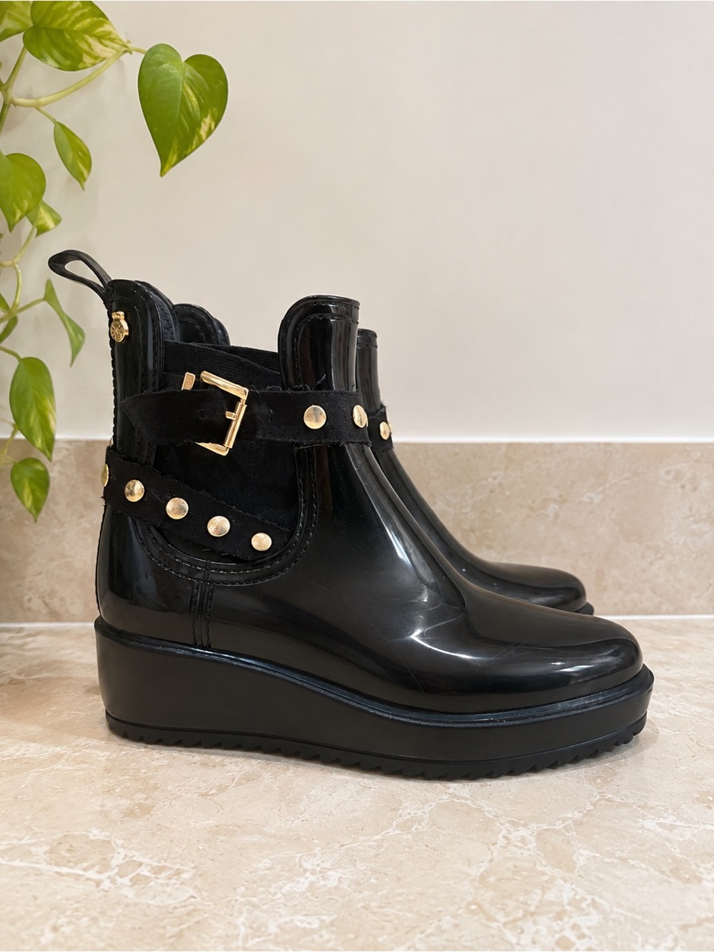 Lemon Jelly Black Women's Wedge Ankle Boots with Gold Stud Detail